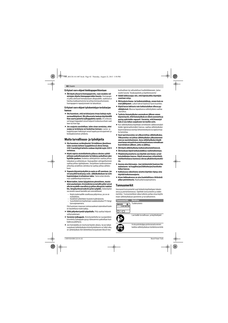Muita turvallisuus- ja työohjeita, Tunnusmerkit | Bosch GWS 780 C Professional User Manual | Page 82 / 261