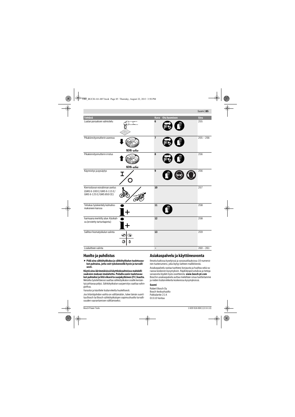 Huolto ja puhdistus, Asiakaspalvelu ja käyttöneuvonta | Bosch GWS 780 C Professional User Manual | Page 85 / 261