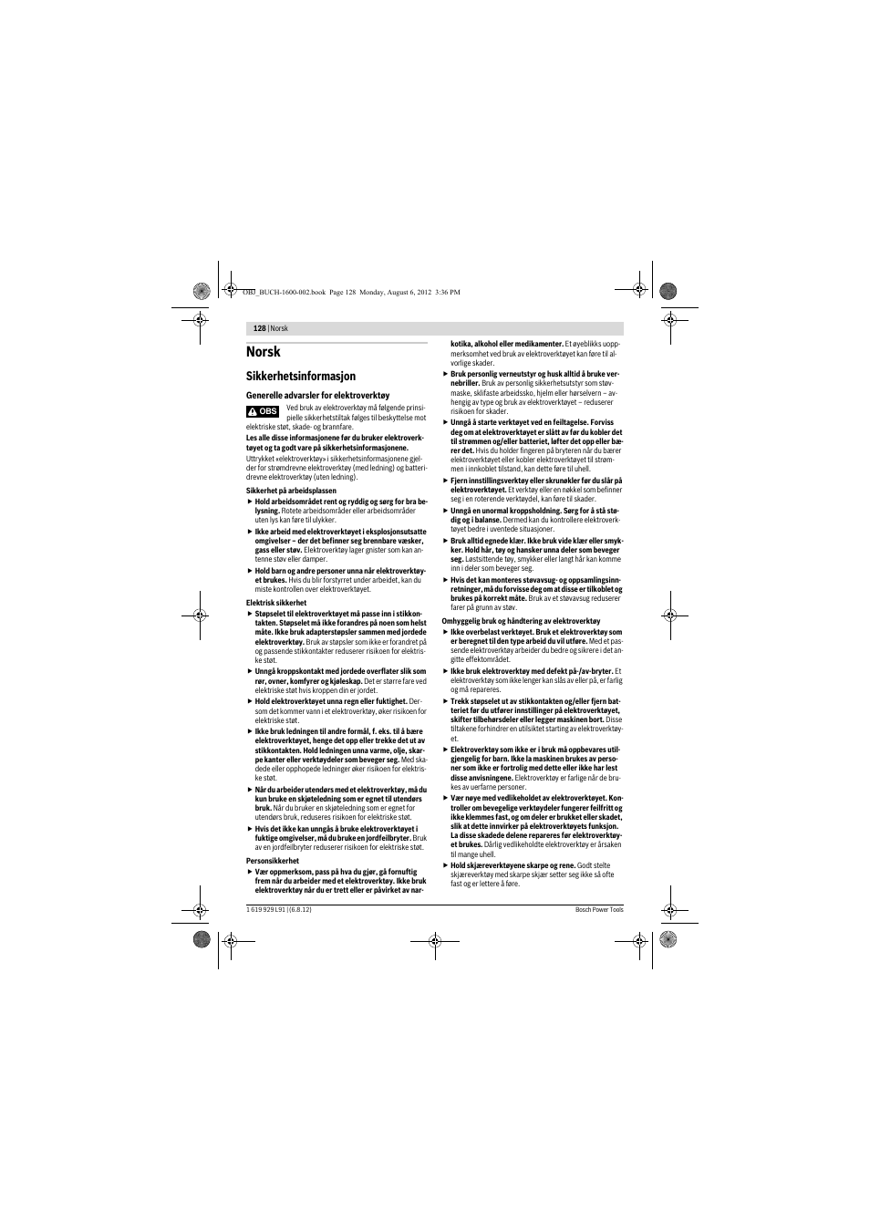 Norsk, Sikkerhetsinformasjon | Bosch GCM 12 JL Professional User Manual | Page 128 / 384