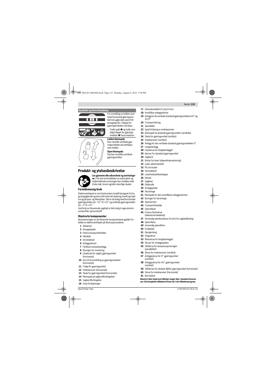 Produkt- og ytelsesbeskrivelse | Bosch GCM 12 JL Professional User Manual | Page 131 / 384