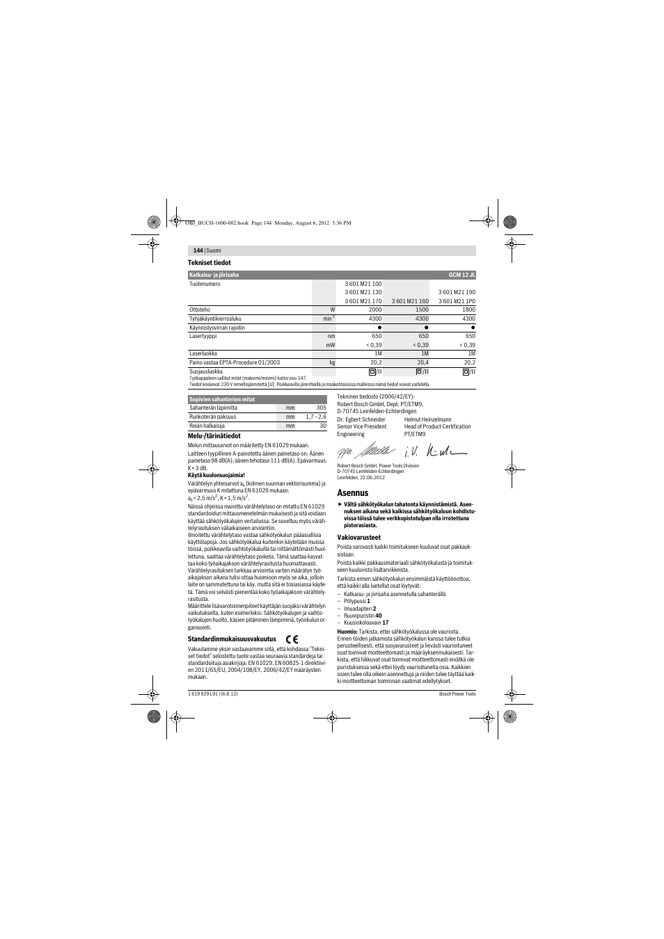 Asennus | Bosch GCM 12 JL Professional User Manual | Page 144 / 384