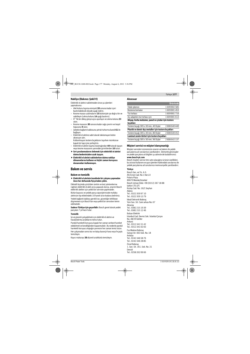Bak m ve servis | Bosch GCM 12 JL Professional User Manual | Page 177 / 384