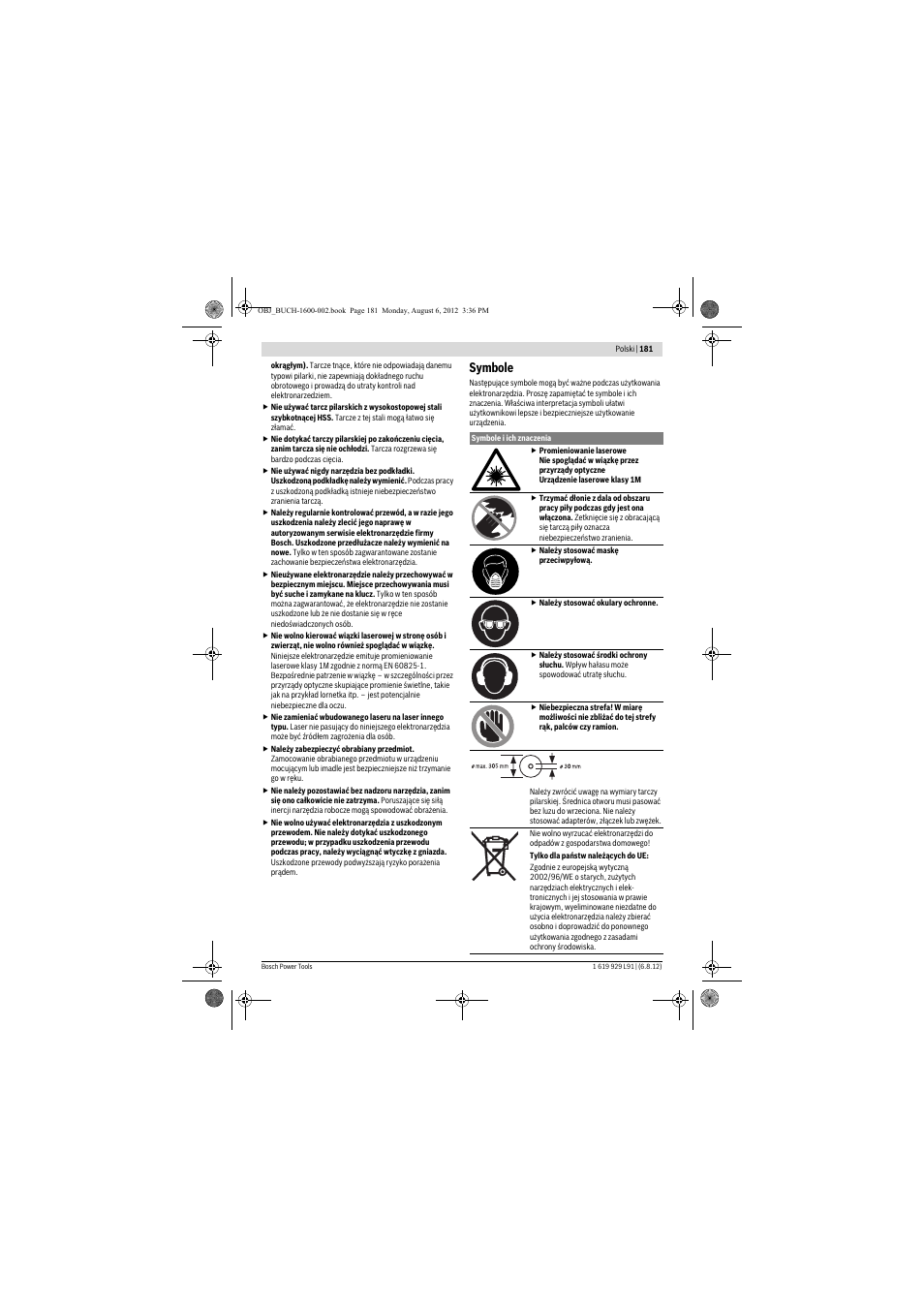 Symbole | Bosch GCM 12 JL Professional User Manual | Page 181 / 384