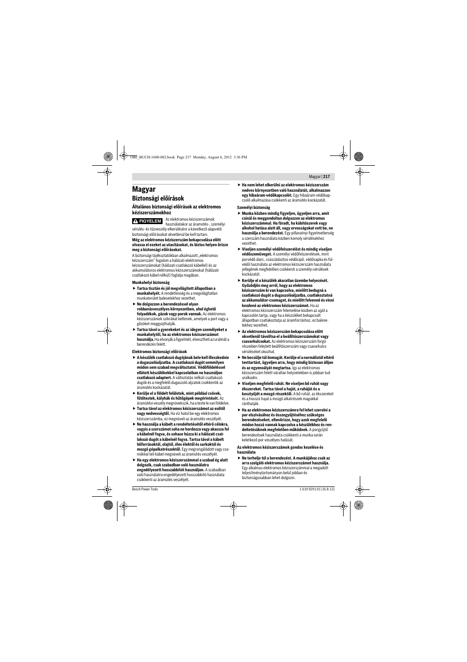 Magyar, Biztonsági előírások | Bosch GCM 12 JL Professional User Manual | Page 217 / 384
