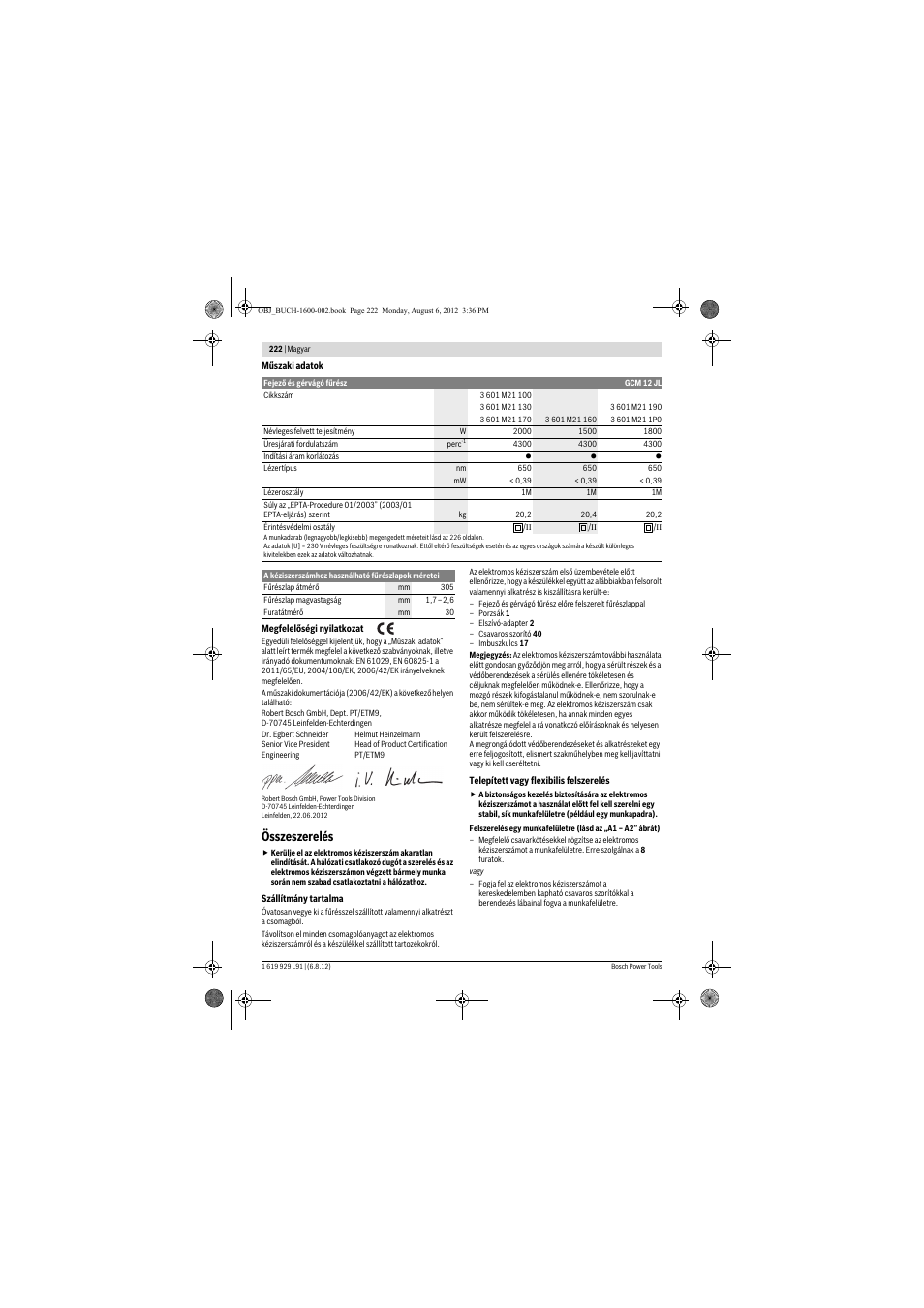 Összeszerelés | Bosch GCM 12 JL Professional User Manual | Page 222 / 384