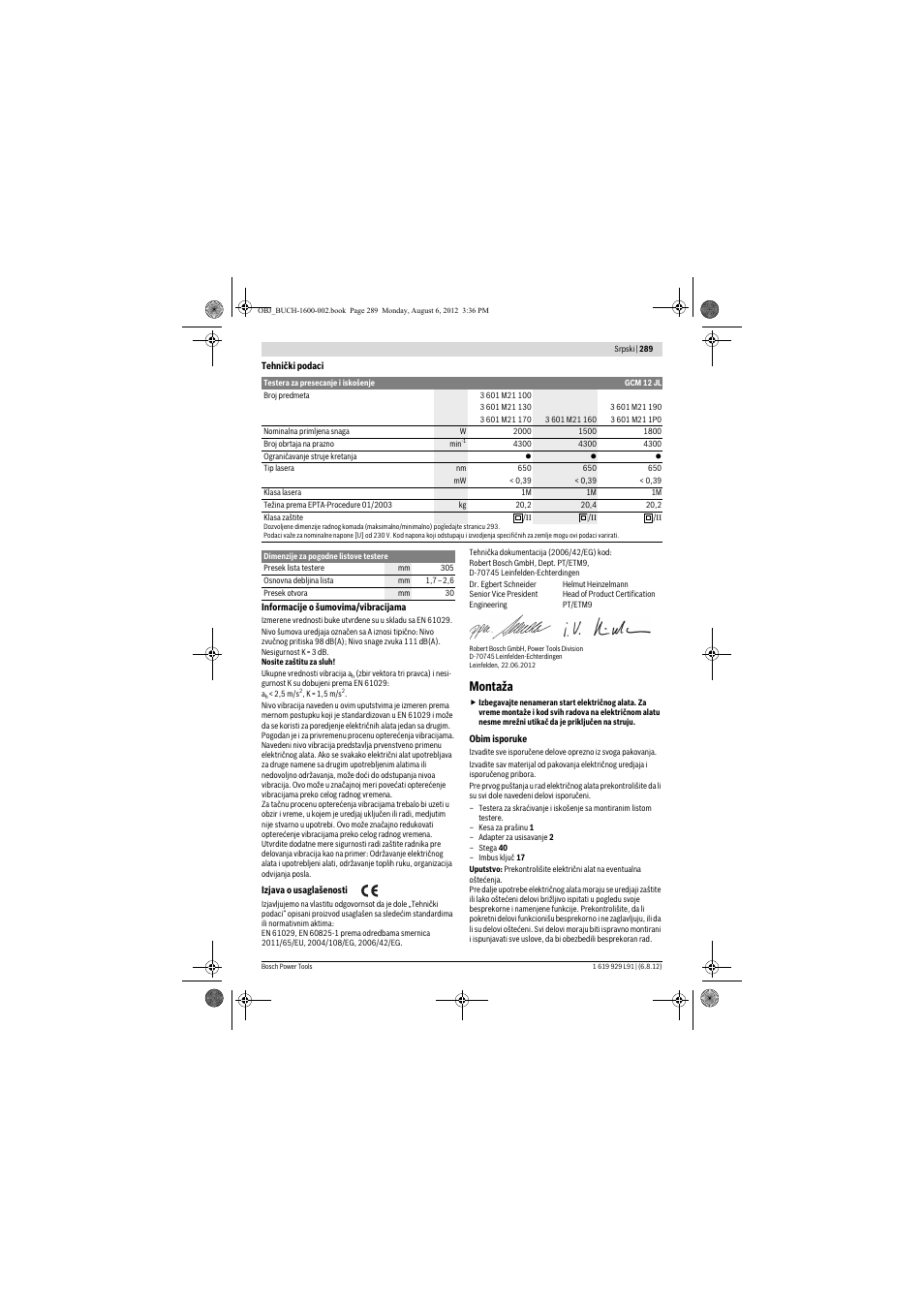 Montaža | Bosch GCM 12 JL Professional User Manual | Page 289 / 384