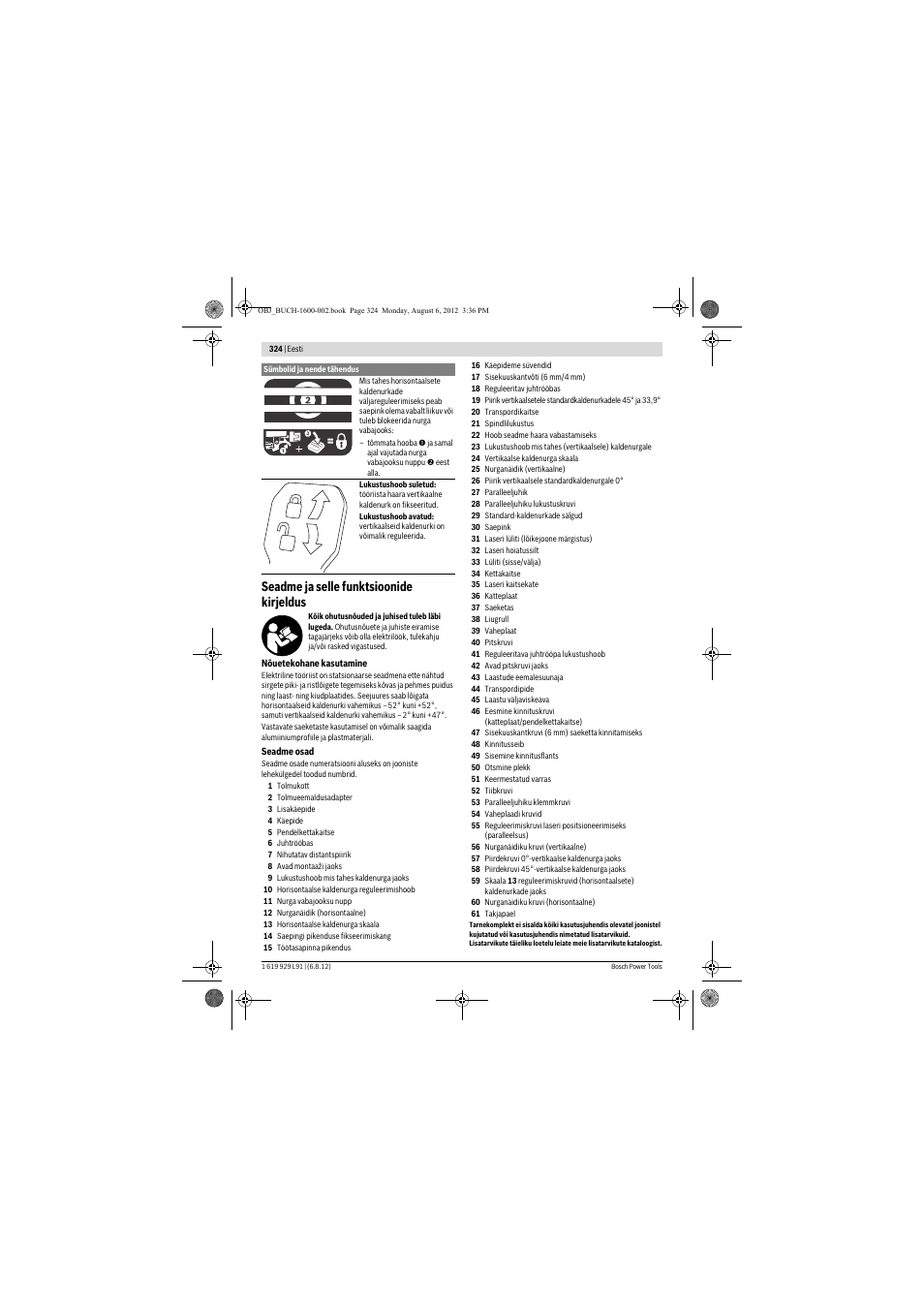 Seadme ja selle funktsioonide kirjeldus | Bosch GCM 12 JL Professional User Manual | Page 324 / 384