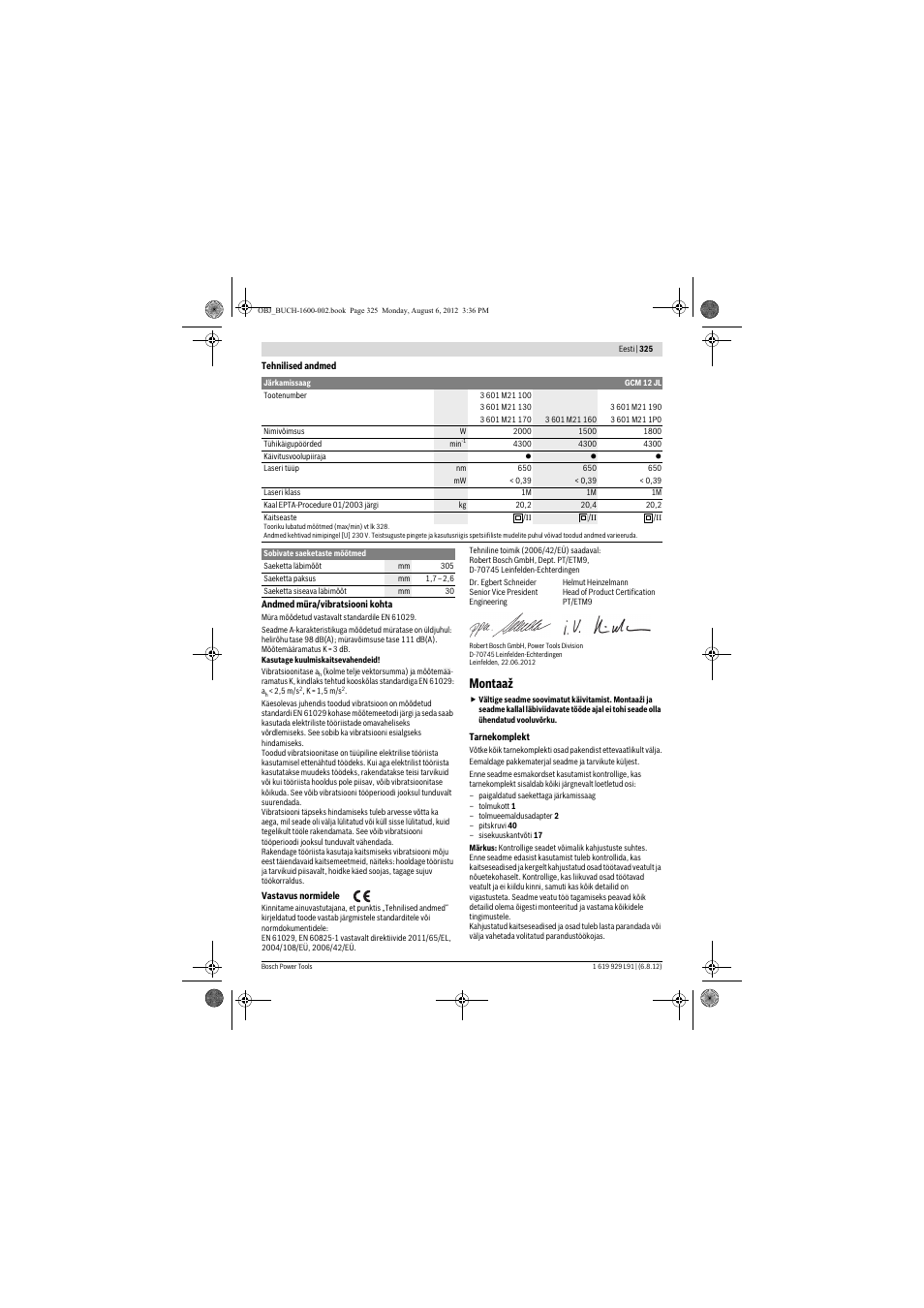 Montaaž | Bosch GCM 12 JL Professional User Manual | Page 325 / 384