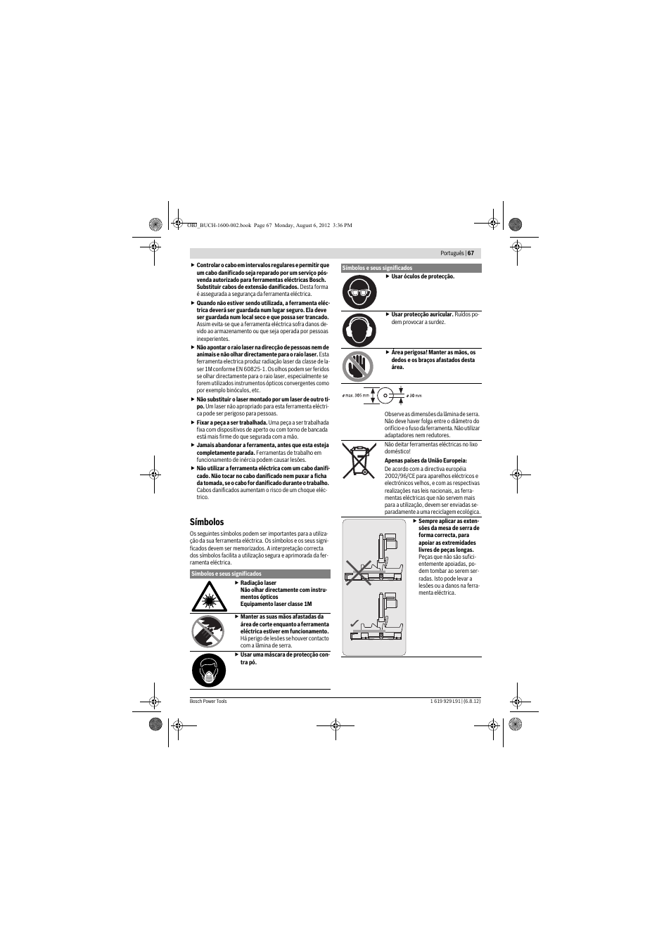 Símbolos | Bosch GCM 12 JL Professional User Manual | Page 67 / 384