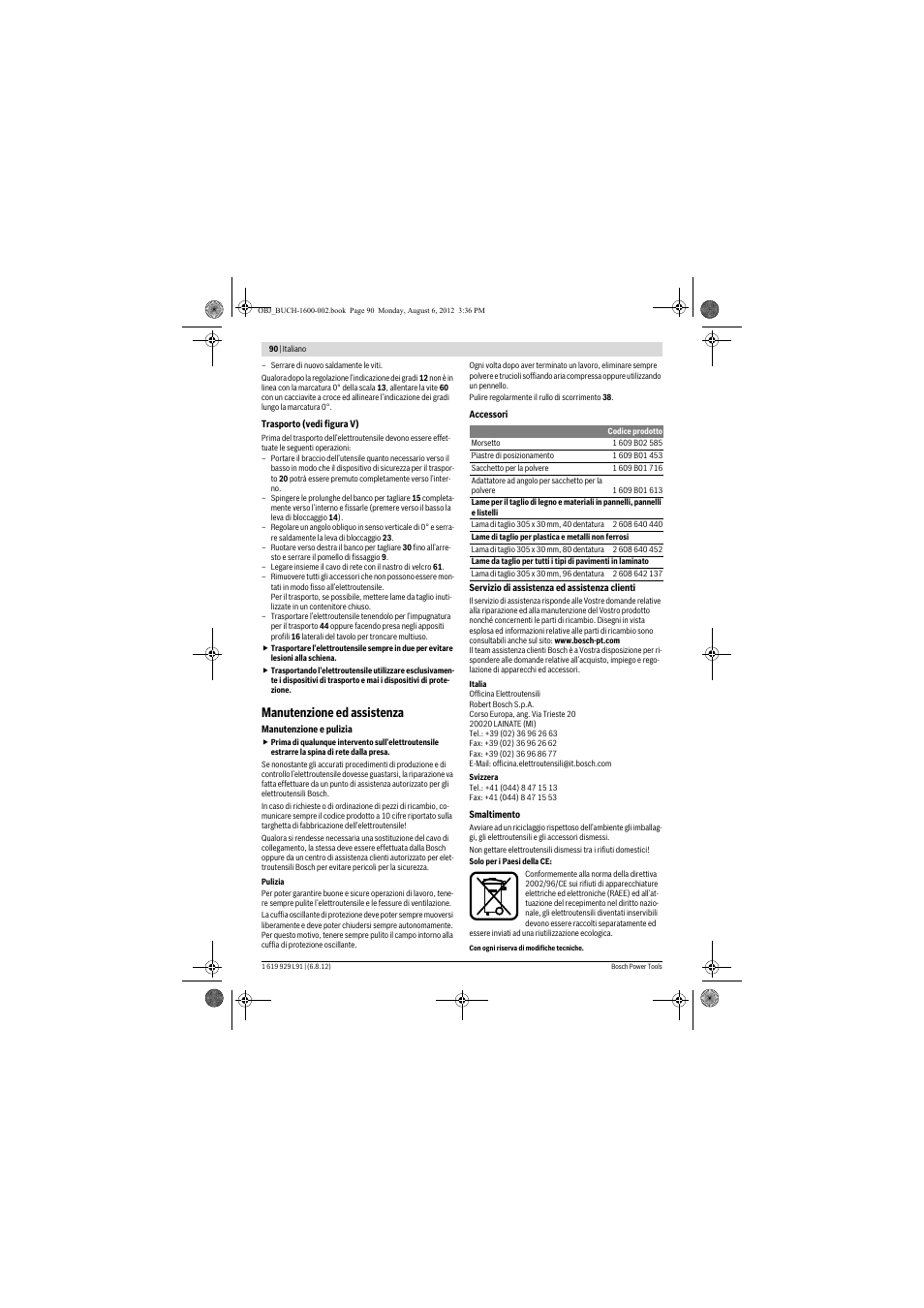 Manutenzione ed assistenza | Bosch GCM 12 JL Professional User Manual | Page 90 / 384