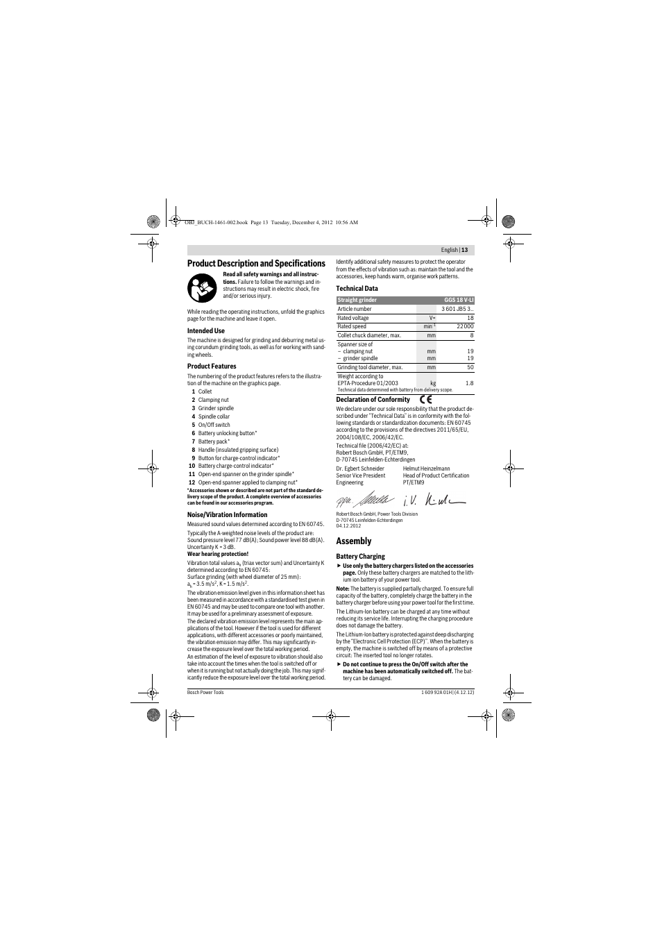Product description and specifications, Assembly | Bosch GGS 18 V-LI Professional User Manual | Page 13 / 189