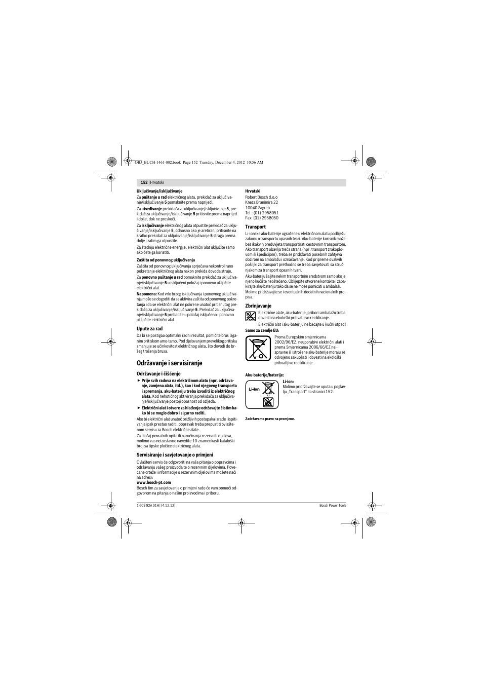 Održavanje i servisiranje | Bosch GGS 18 V-LI Professional User Manual | Page 152 / 189