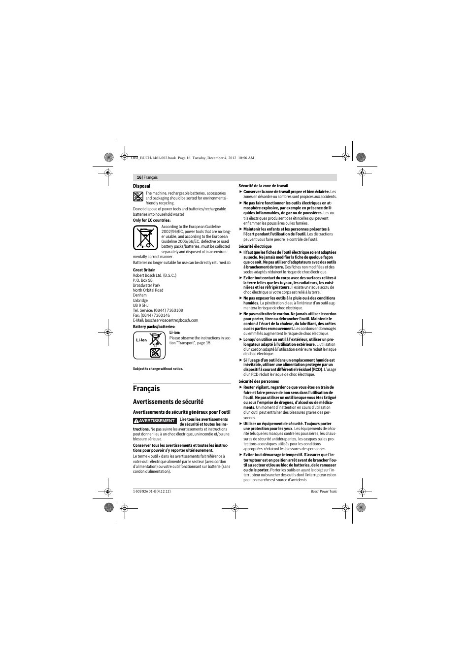 Français, Avertissements de sécurité | Bosch GGS 18 V-LI Professional User Manual | Page 16 / 189