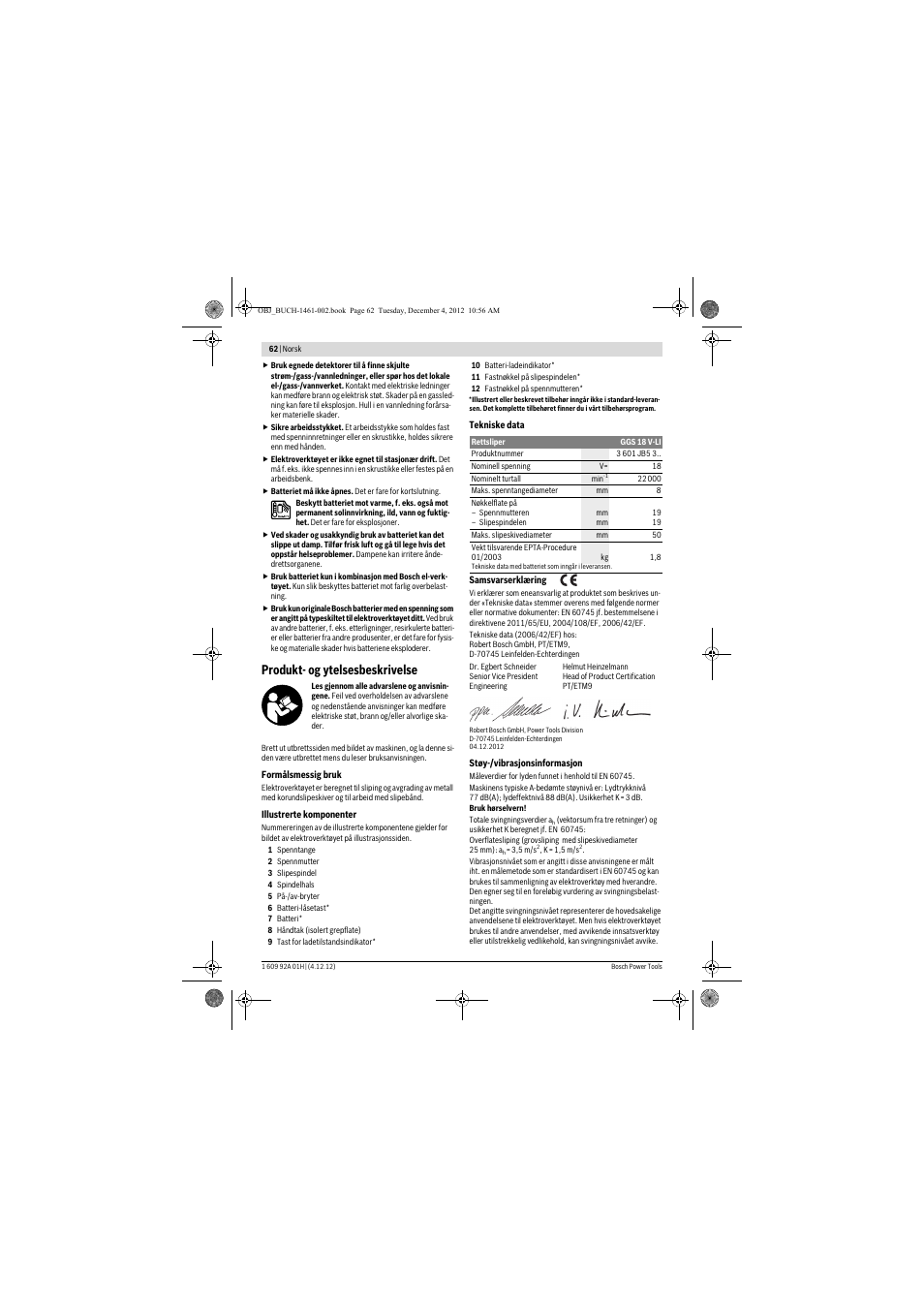 Produkt- og ytelsesbeskrivelse | Bosch GGS 18 V-LI Professional User Manual | Page 62 / 189