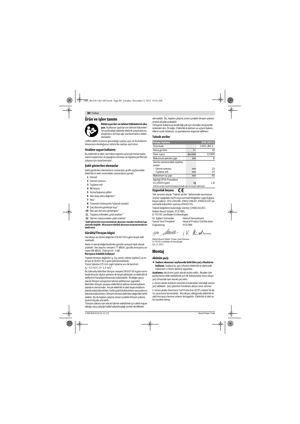 Ürün ve işlev tanımı, Montaj | Bosch GGS 18 V-LI Professional User Manual | Page 80 / 189