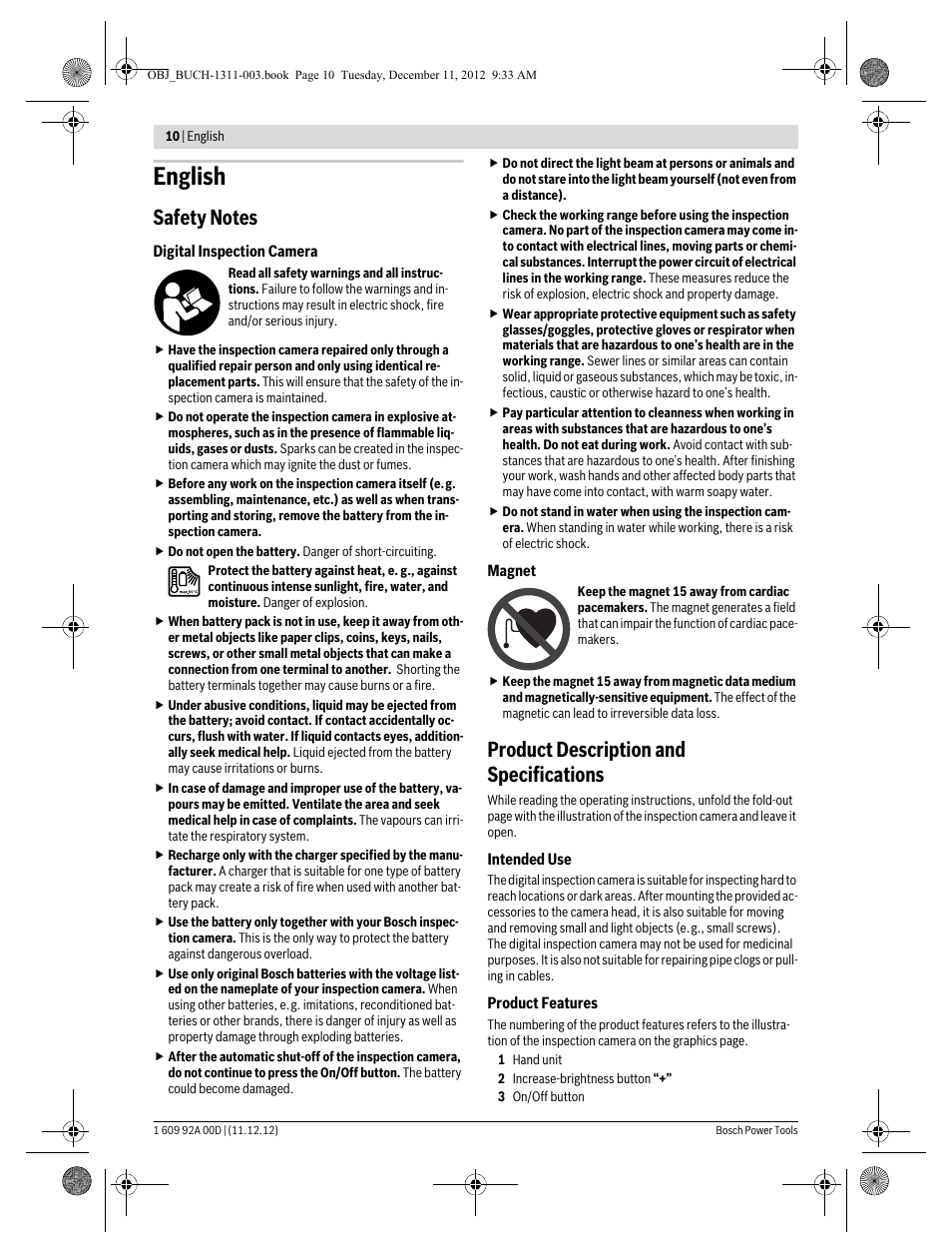 English, Product description and specifications | Bosch GOS 10,8 V-LI Professional User Manual | Page 10 / 117