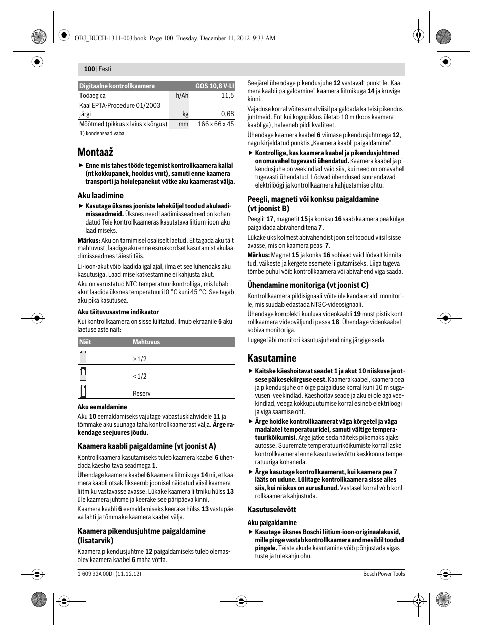 Montaaž, Kasutamine | Bosch GOS 10,8 V-LI Professional User Manual | Page 100 / 117