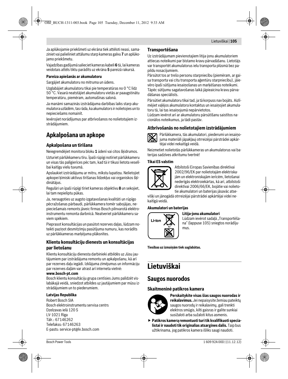 Lietuviškai, Apkalpošana un apkope, Saugos nuorodos | Bosch GOS 10,8 V-LI Professional User Manual | Page 105 / 117