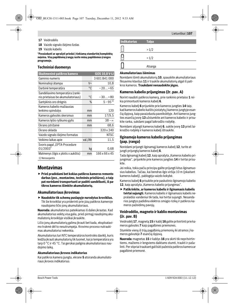 Montavimas | Bosch GOS 10,8 V-LI Professional User Manual | Page 107 / 117