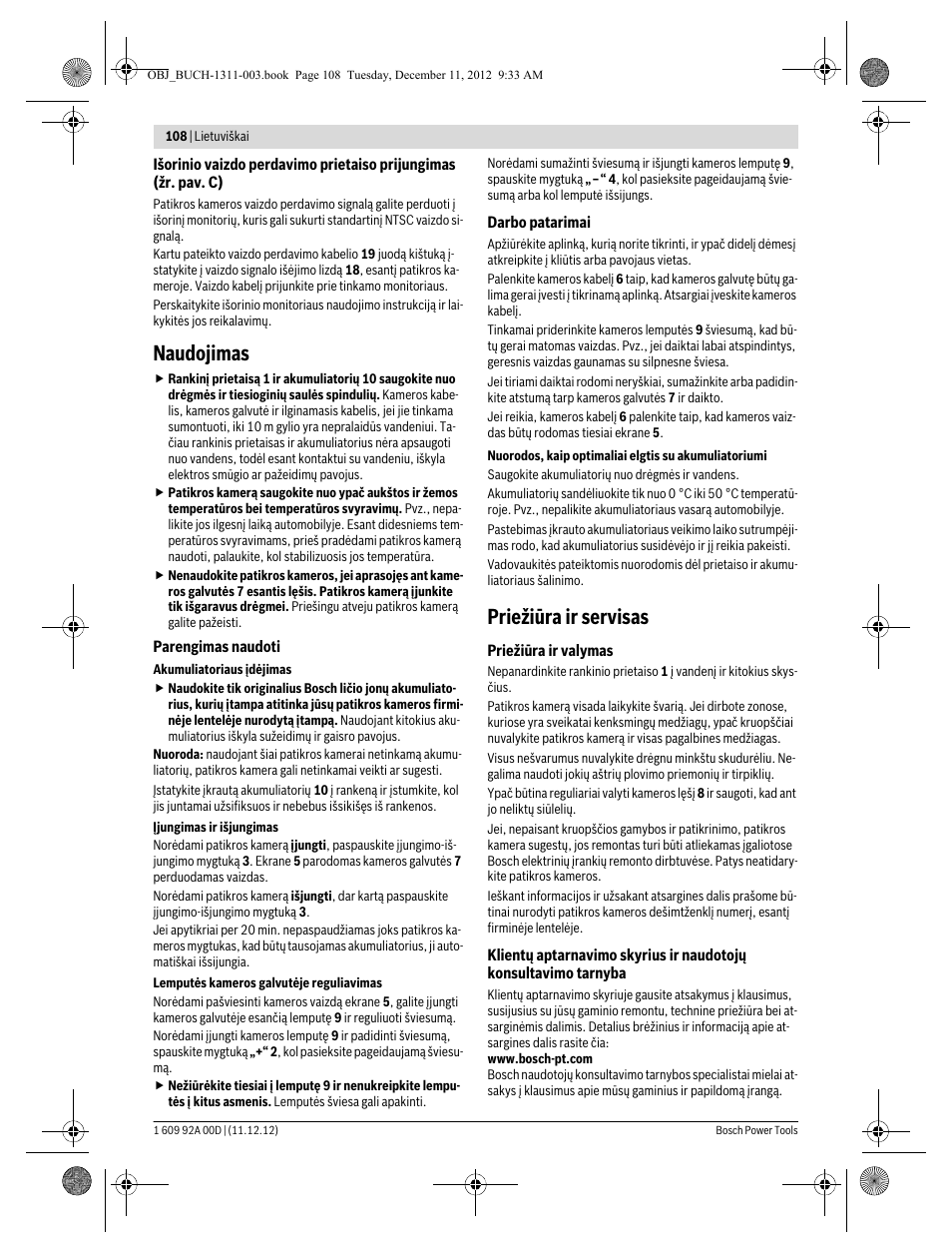 Naudojimas, Priežiūra ir servisas | Bosch GOS 10,8 V-LI Professional User Manual | Page 108 / 117