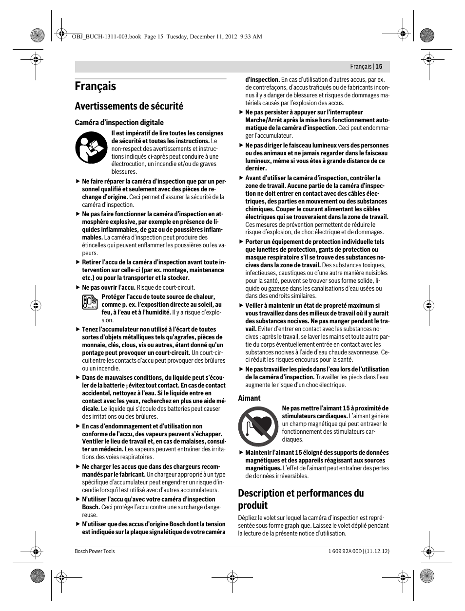 Français, Avertissements de sécurité, Description et performances du produit | Bosch GOS 10,8 V-LI Professional User Manual | Page 15 / 117