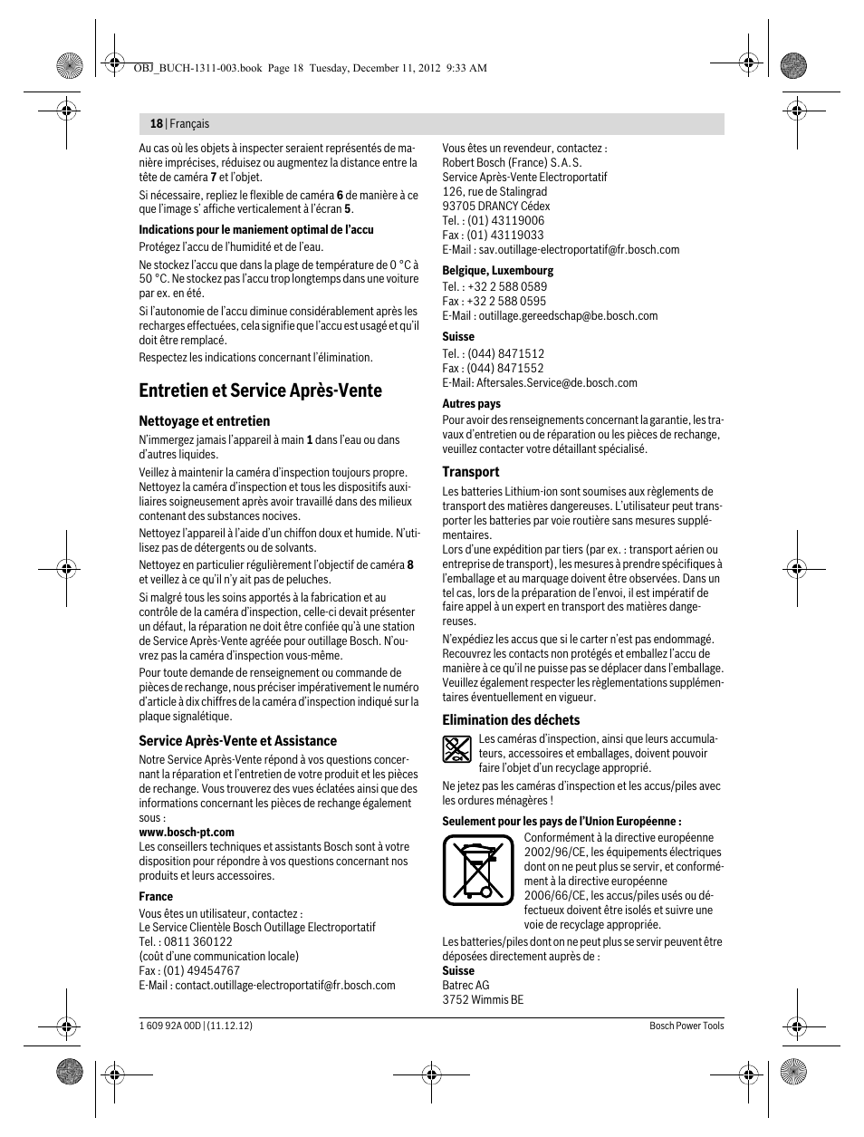 Entretien et service après-vente | Bosch GOS 10,8 V-LI Professional User Manual | Page 18 / 117