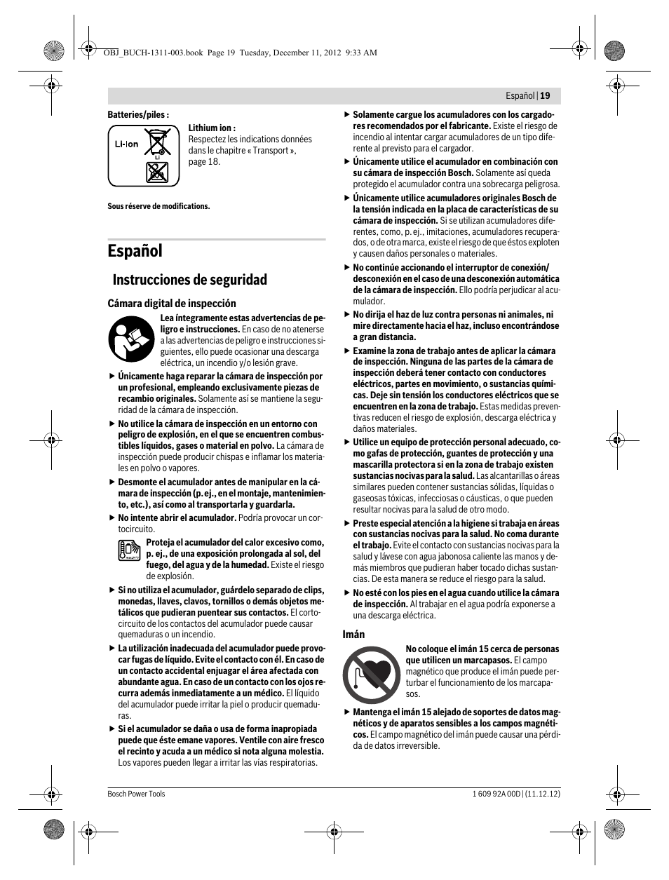 Español, Instrucciones de seguridad | Bosch GOS 10,8 V-LI Professional User Manual | Page 19 / 117