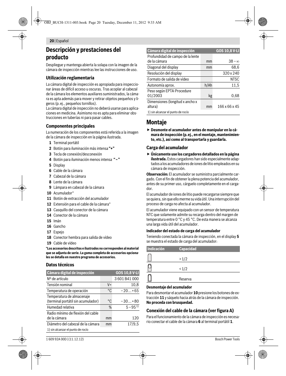 Descripción y prestaciones del producto, Montaje | Bosch GOS 10,8 V-LI Professional User Manual | Page 20 / 117