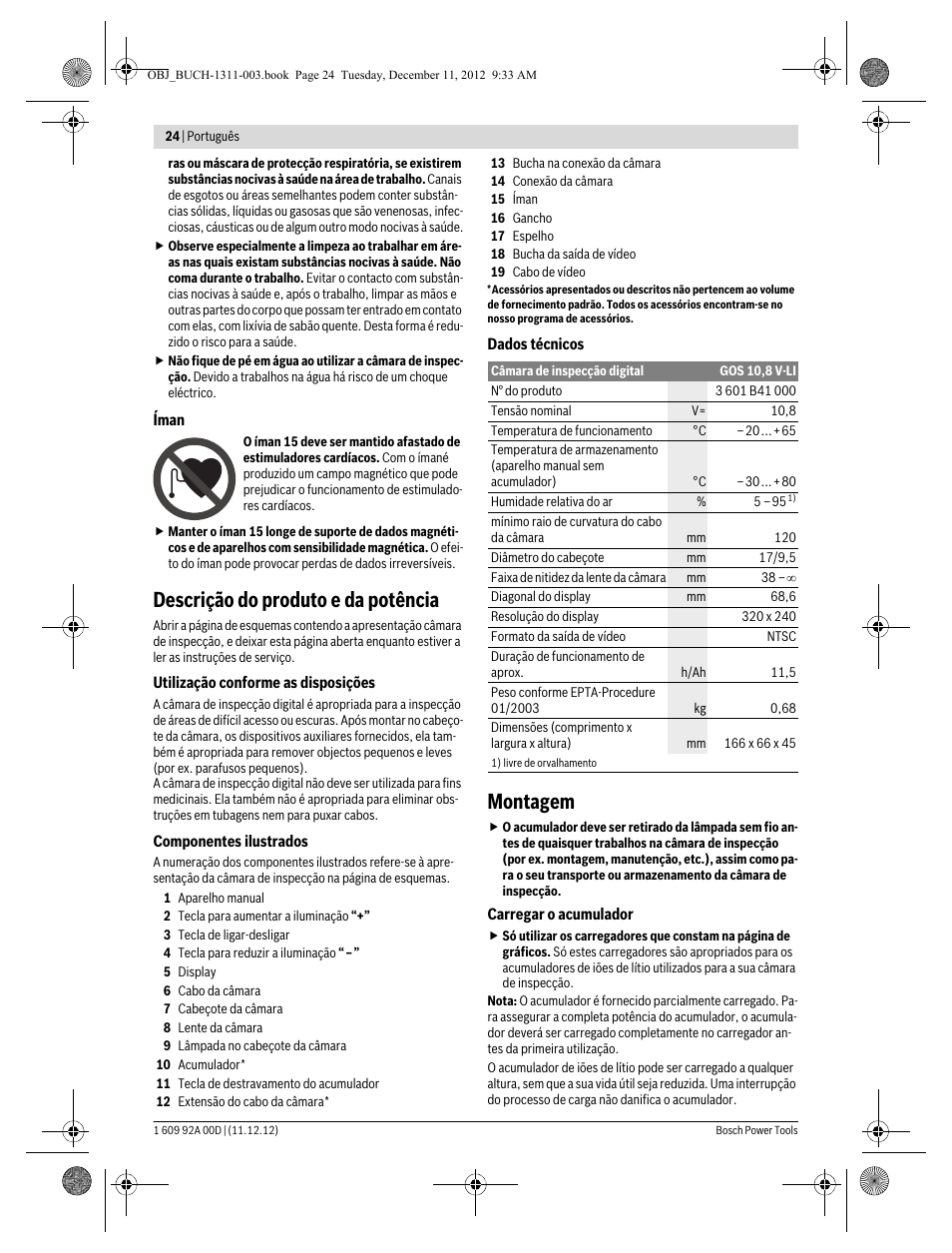 Descrição do produto e da potência, Montagem | Bosch GOS 10,8 V-LI Professional User Manual | Page 24 / 117