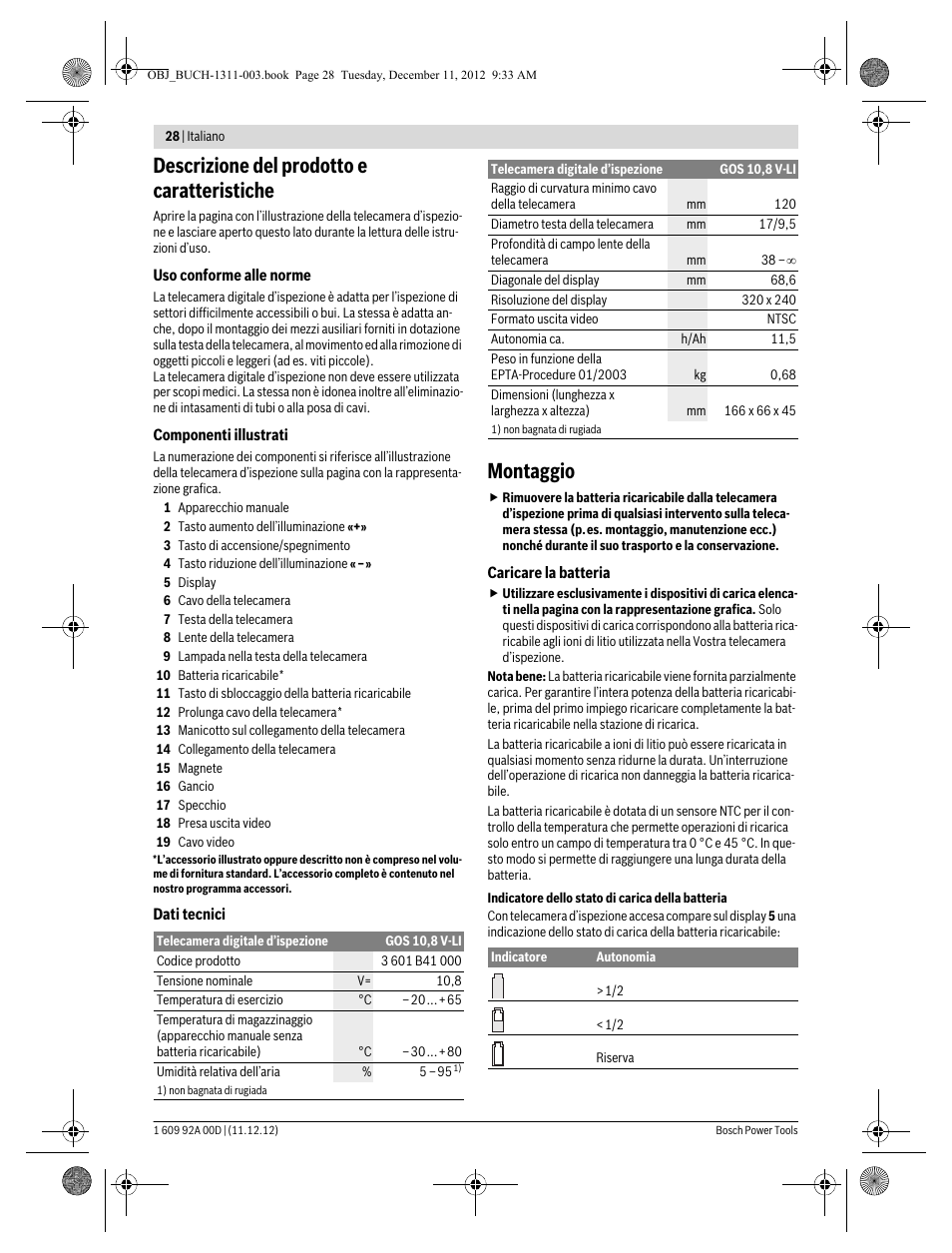 Descrizione del prodotto e caratteristiche, Montaggio | Bosch GOS 10,8 V-LI Professional User Manual | Page 28 / 117