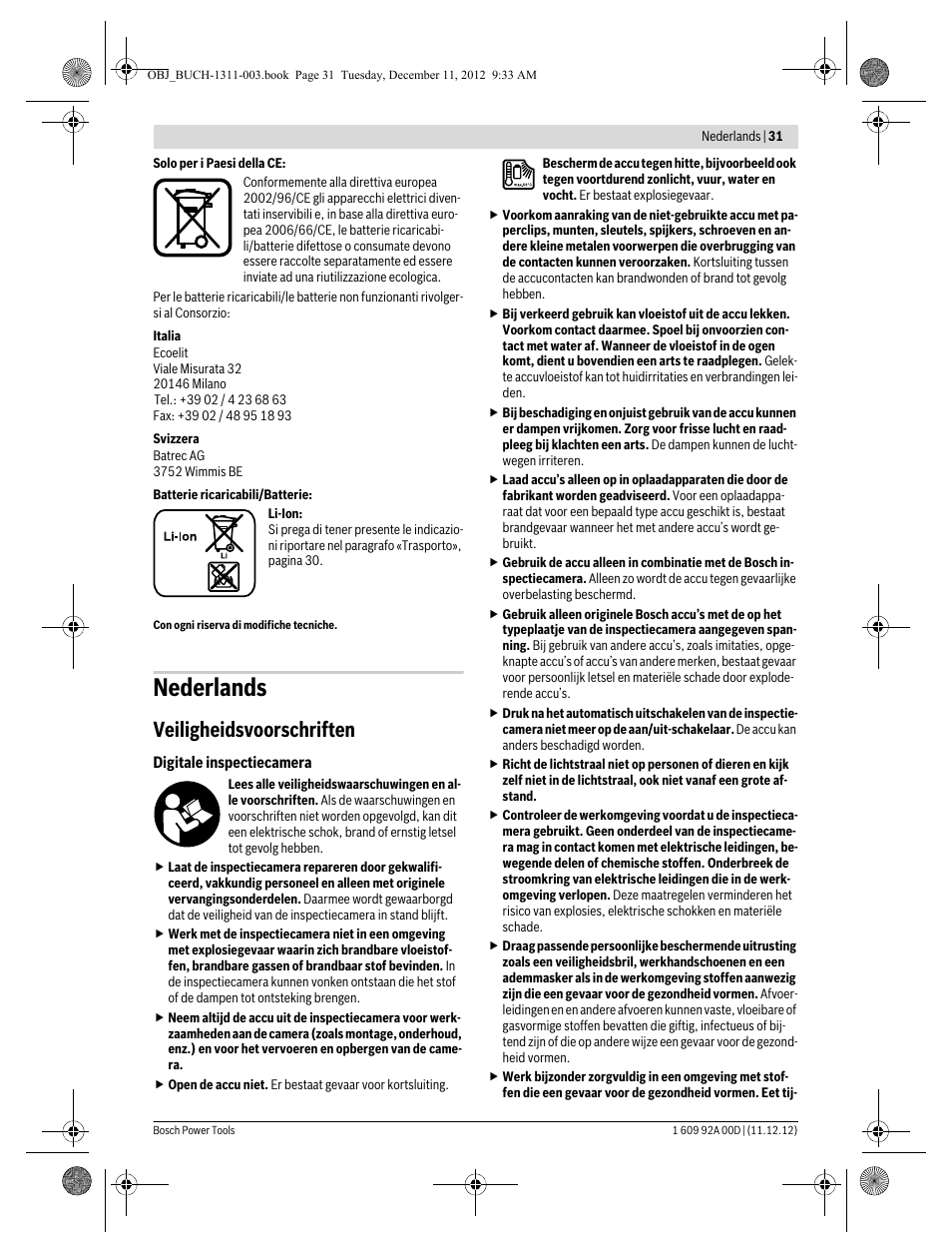 Nederlands, Veiligheidsvoorschriften | Bosch GOS 10,8 V-LI Professional User Manual | Page 31 / 117