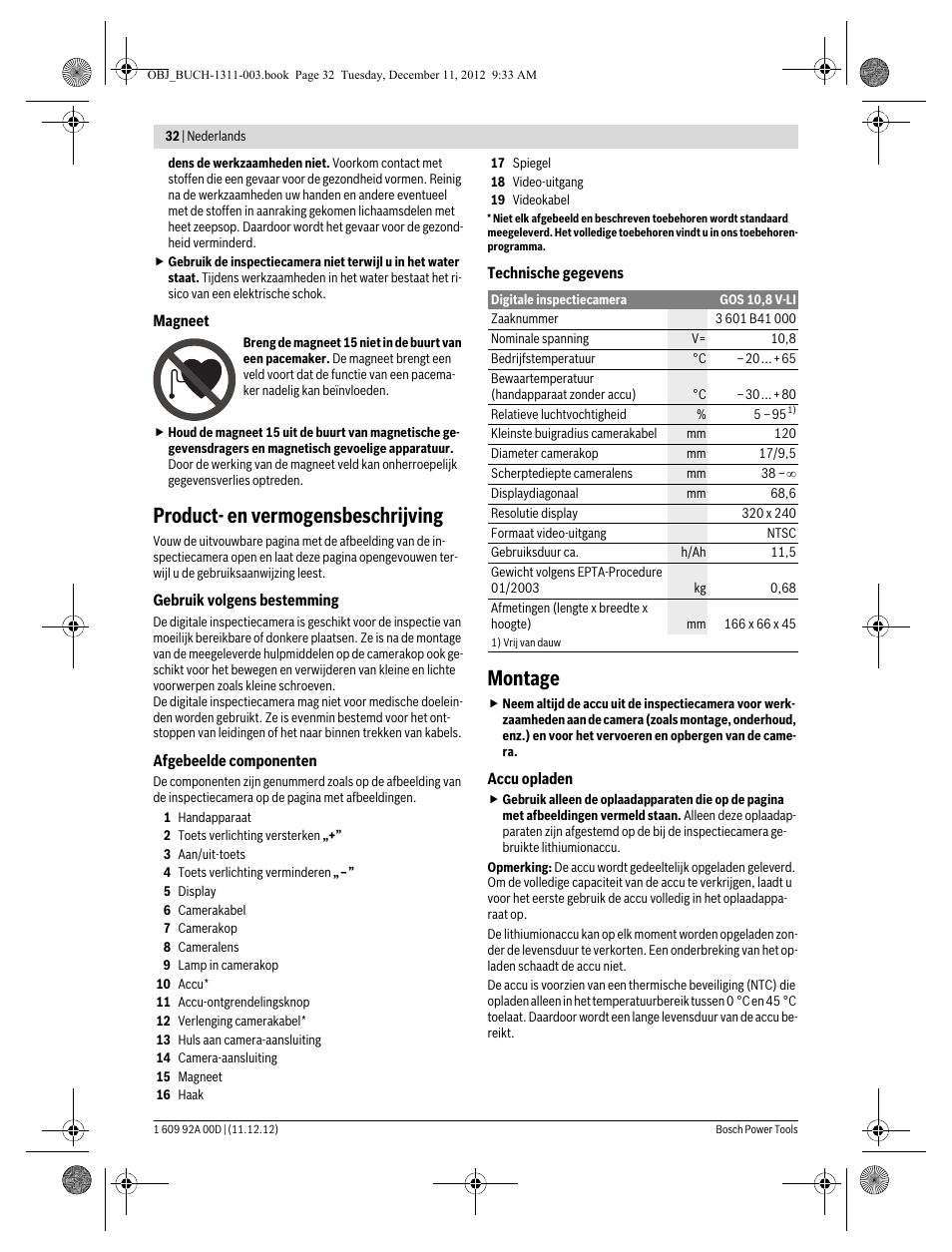 Product- en vermogensbeschrijving, Montage | Bosch GOS 10,8 V-LI Professional User Manual | Page 32 / 117