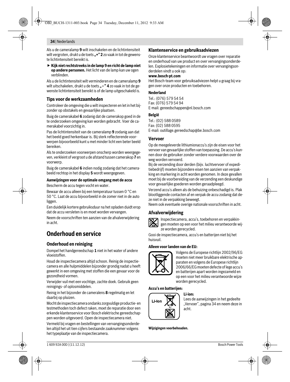 Onderhoud en service | Bosch GOS 10,8 V-LI Professional User Manual | Page 34 / 117