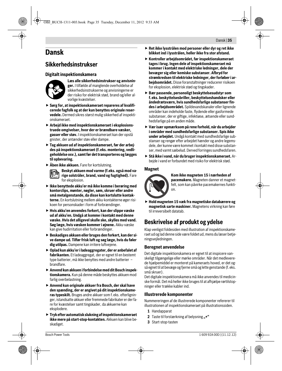 Dansk, Sikkerhedsinstrukser, Beskrivelse af produkt og ydelse | Bosch GOS 10,8 V-LI Professional User Manual | Page 35 / 117