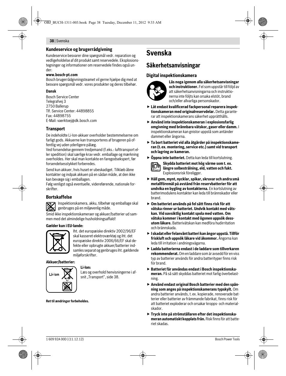 Svenska, Säkerhetsanvisningar | Bosch GOS 10,8 V-LI Professional User Manual | Page 38 / 117