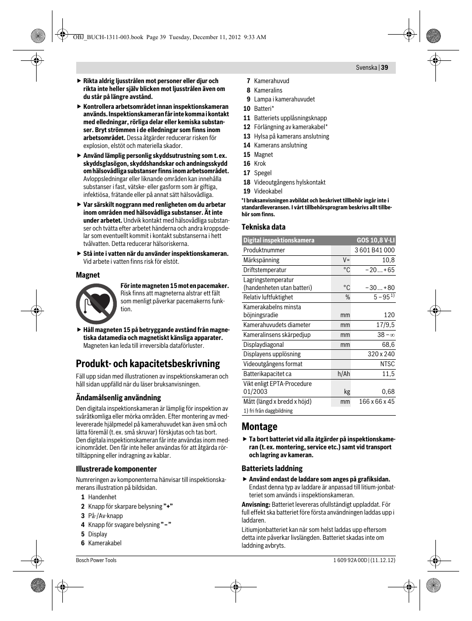 Produkt- och kapacitetsbeskrivning, Montage | Bosch GOS 10,8 V-LI Professional User Manual | Page 39 / 117