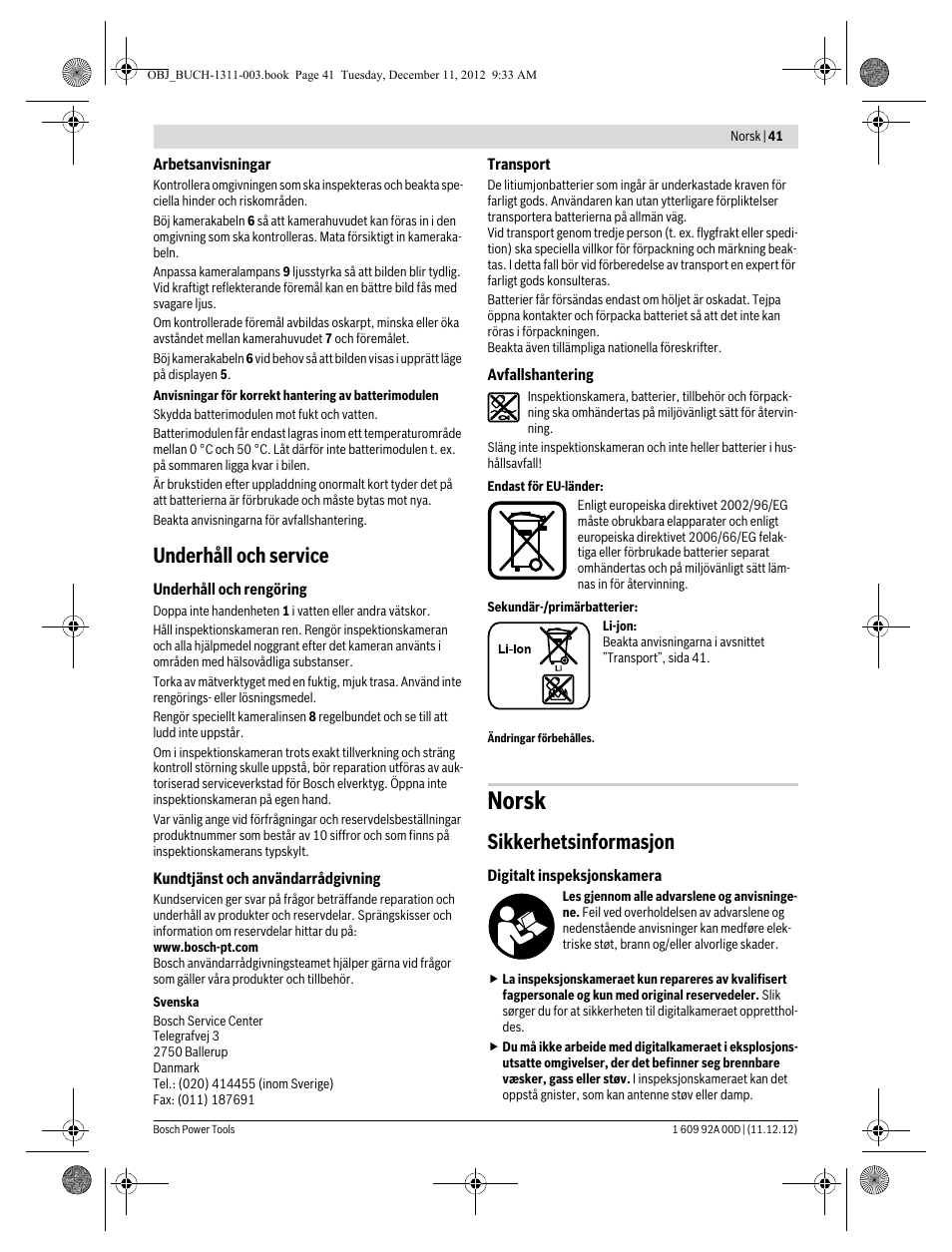 Norsk, Underhåll och service, Sikkerhetsinformasjon | Bosch GOS 10,8 V-LI Professional User Manual | Page 41 / 117