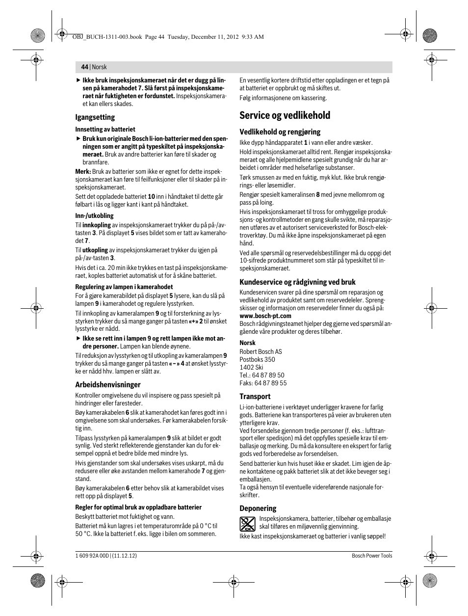 Service og vedlikehold | Bosch GOS 10,8 V-LI Professional User Manual | Page 44 / 117