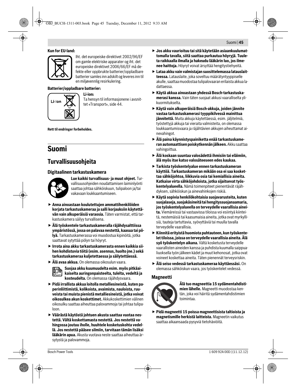 Suomi, Turvallisuusohjeita | Bosch GOS 10,8 V-LI Professional User Manual | Page 45 / 117