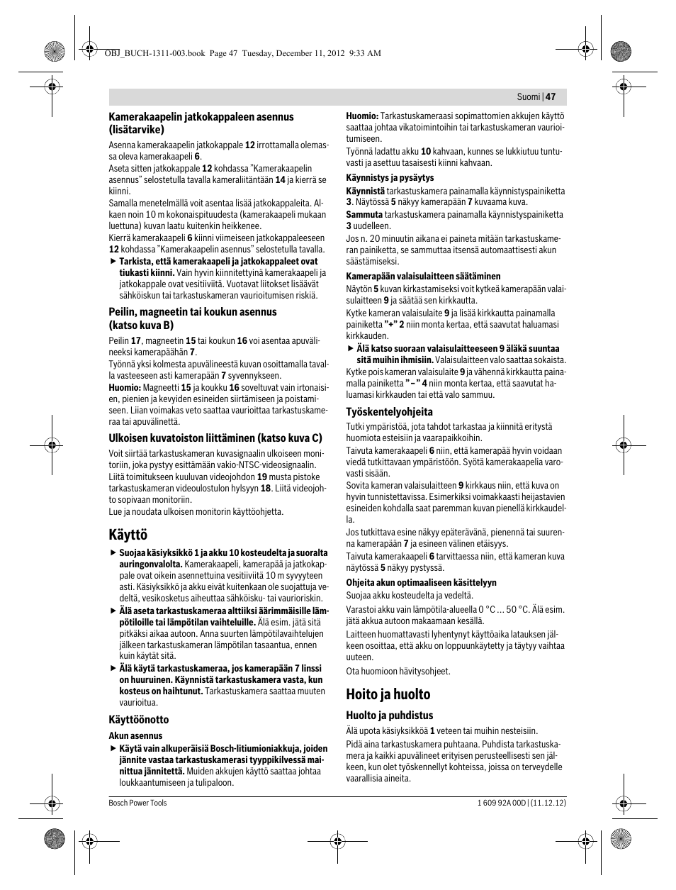 Käyttö, Hoito ja huolto | Bosch GOS 10,8 V-LI Professional User Manual | Page 47 / 117