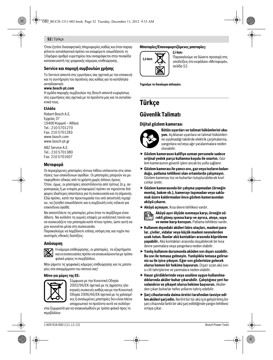 Türkçe, Güvenlik talimatı | Bosch GOS 10,8 V-LI Professional User Manual | Page 52 / 117