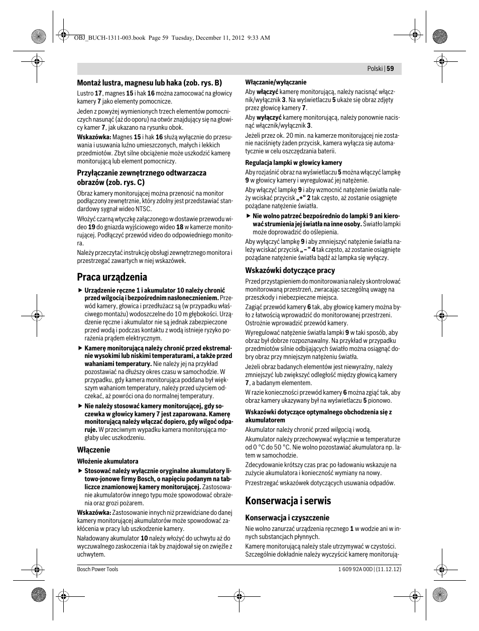 Praca urządzenia, Konserwacja i serwis | Bosch GOS 10,8 V-LI Professional User Manual | Page 59 / 117