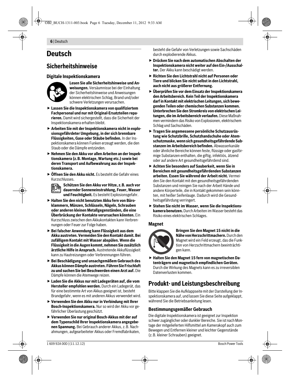 Deutsch, Sicherheitshinweise, Produkt- und leistungsbeschreibung | Bosch GOS 10,8 V-LI Professional User Manual | Page 6 / 117