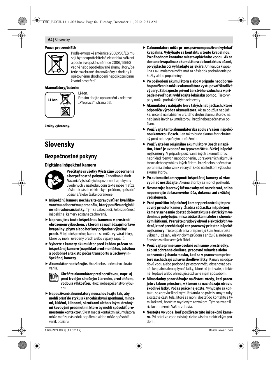 Slovensky, Bezpečnostné pokyny | Bosch GOS 10,8 V-LI Professional User Manual | Page 64 / 117