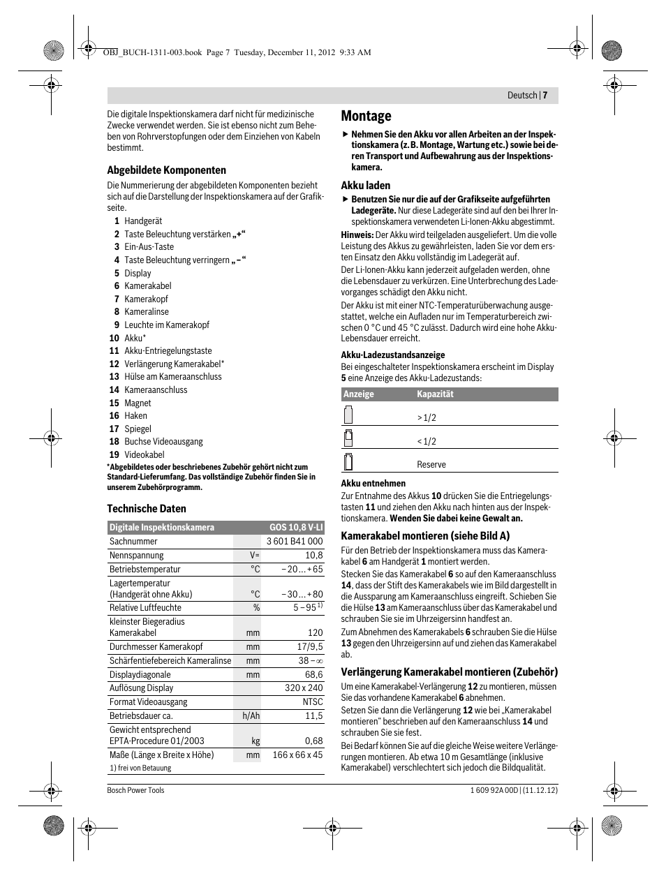 Montage | Bosch GOS 10,8 V-LI Professional User Manual | Page 7 / 117