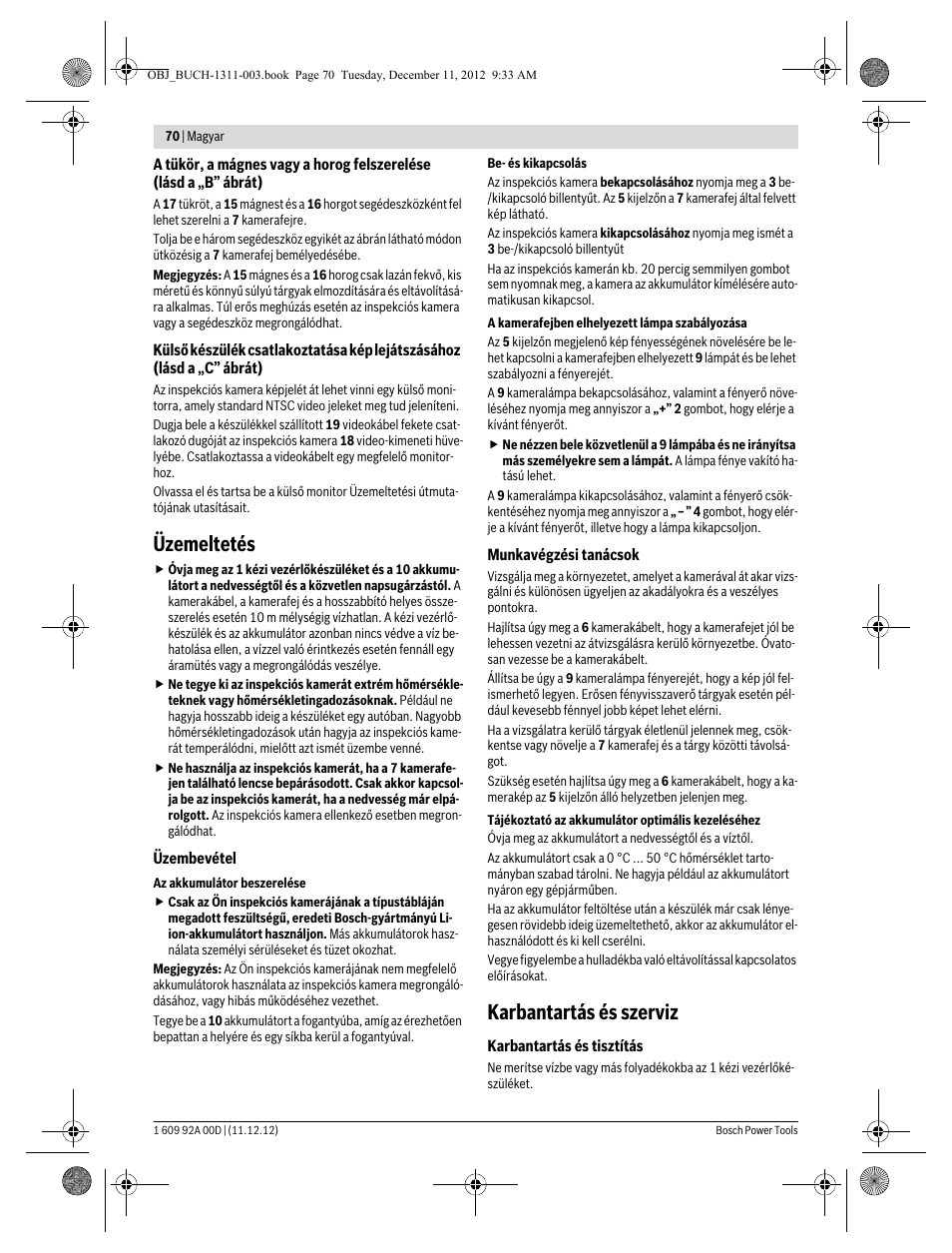 Üzemeltetés, Karbantartás és szerviz | Bosch GOS 10,8 V-LI Professional User Manual | Page 70 / 117