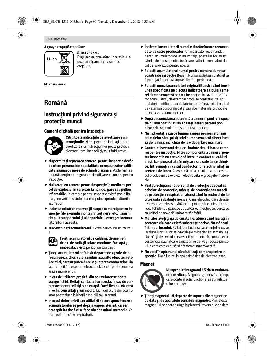 Română, Instrucţiuni privind siguranţa şi protecţia muncii | Bosch GOS 10,8 V-LI Professional User Manual | Page 80 / 117