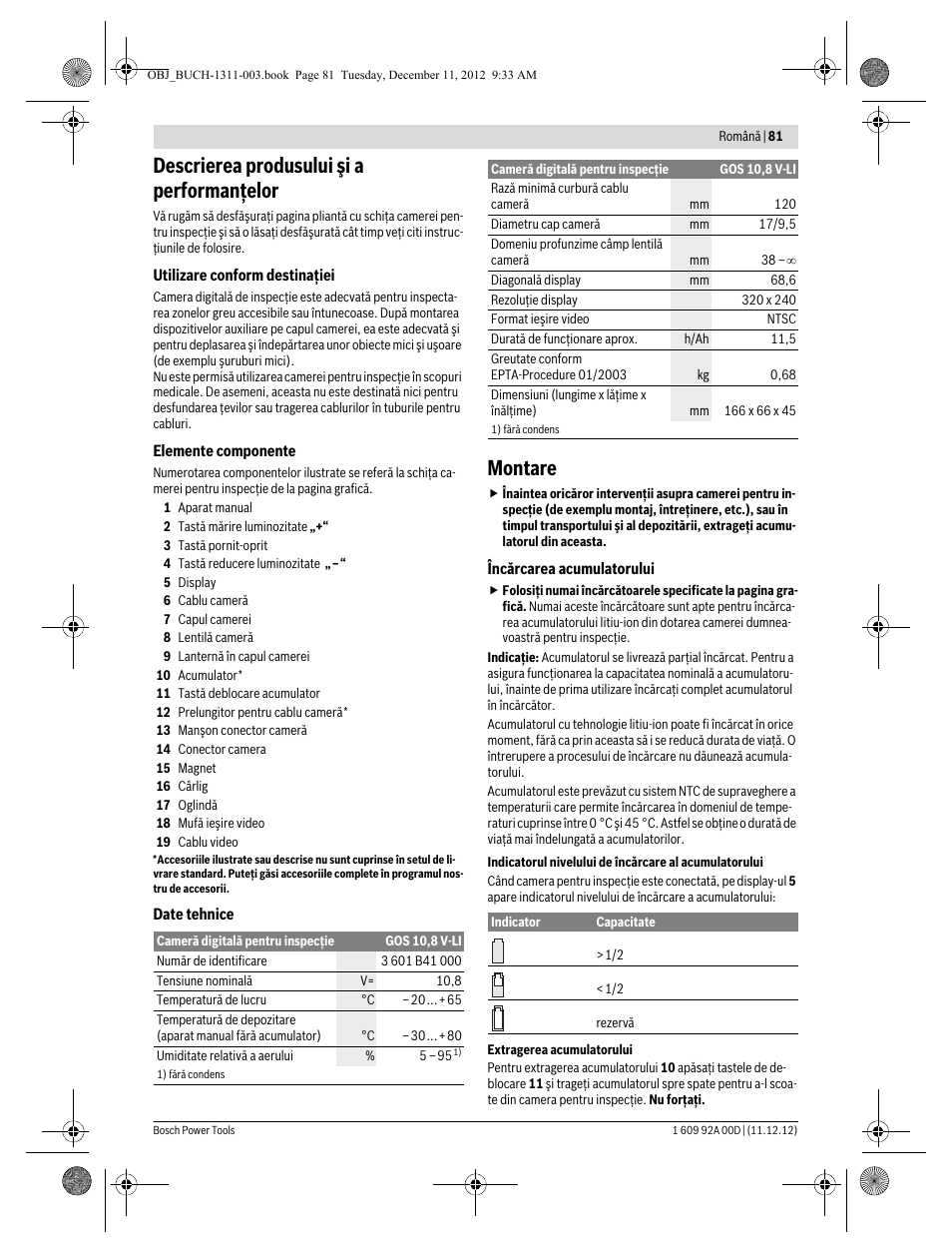 Descrierea produsului şi a performanţelor, Montare | Bosch GOS 10,8 V-LI Professional User Manual | Page 81 / 117