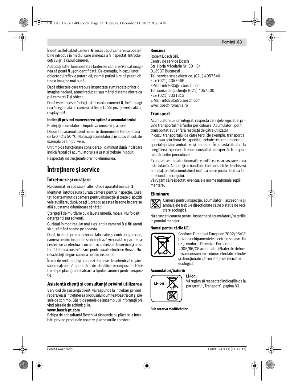 Întreţinere şi service | Bosch GOS 10,8 V-LI Professional User Manual | Page 83 / 117