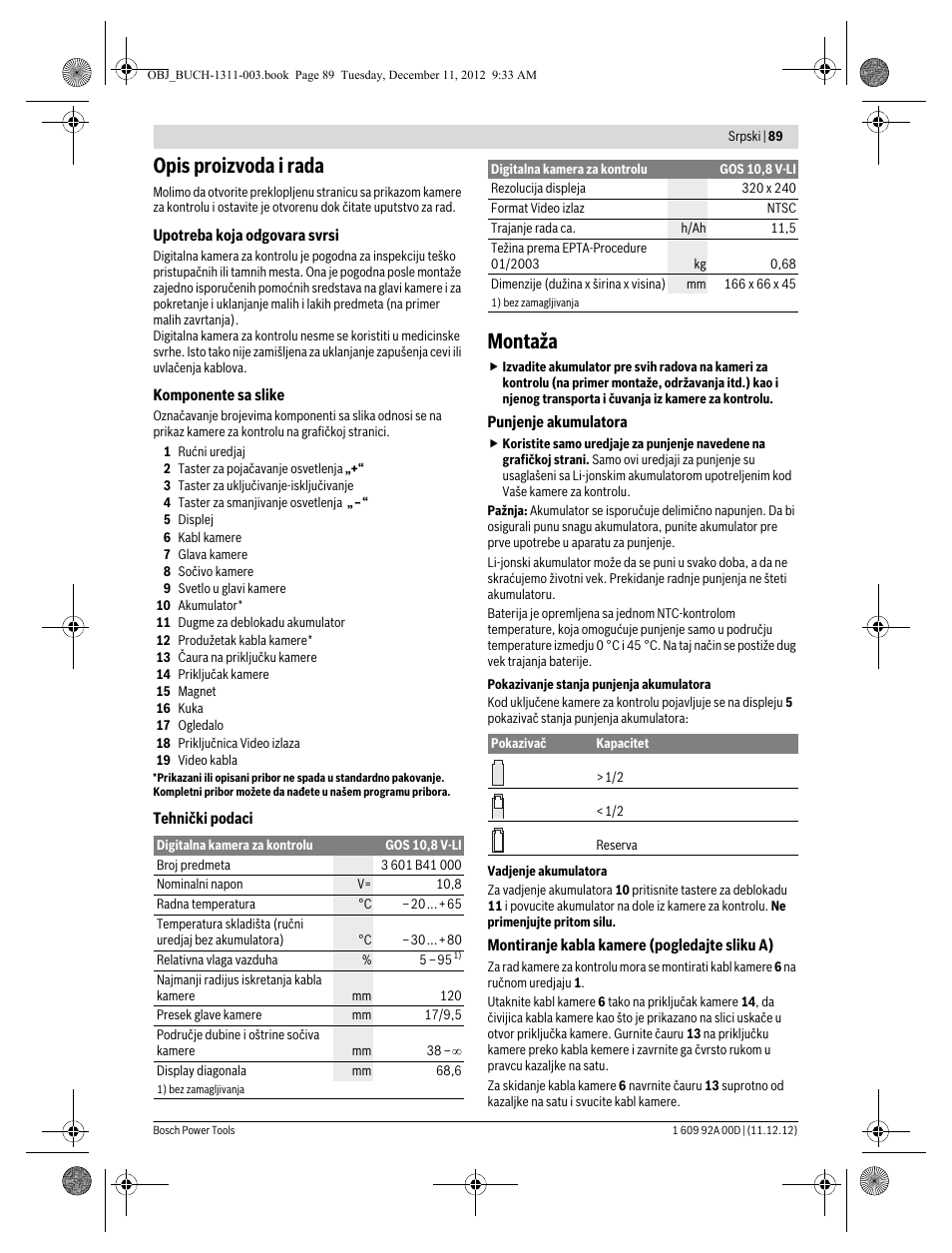 Opis proizvoda i rada, Montaža | Bosch GOS 10,8 V-LI Professional User Manual | Page 89 / 117